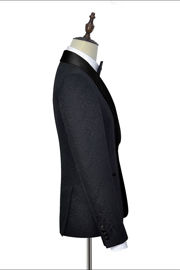 Classic Black Jacquard Wedding Tuxedo for Men Shawl Lapel Silk One Button Wedding Suits-Ballbella