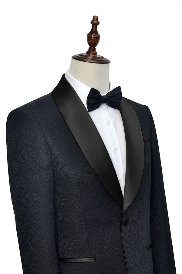 Classic Black Jacquard Wedding Tuxedo for Men Shawl Lapel Silk One Button Wedding Suits-Ballbella