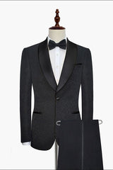Classic Black Jacquard Wedding Tuxedo for Men Shawl Lapel Silk One Button Wedding Suits-Ballbella