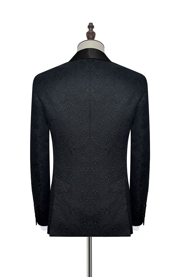 Classic Black Jacquard Wedding Tuxedo for Men Shawl Lapel Silk One Button Wedding Suits-Ballbella