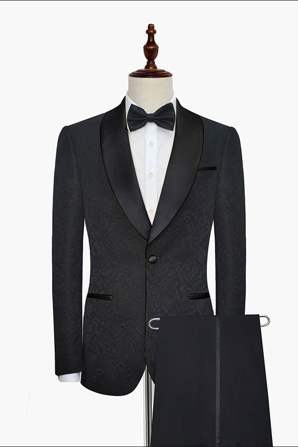 Classic Black Jacquard Wedding Tuxedo for Men Shawl Lapel Silk One Button Wedding Suits