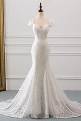 Classic Cap Sleeve Aweetheart Floral Lace Slim Mermaid Wedding Dress Lace up Wedding Party-Ballbella