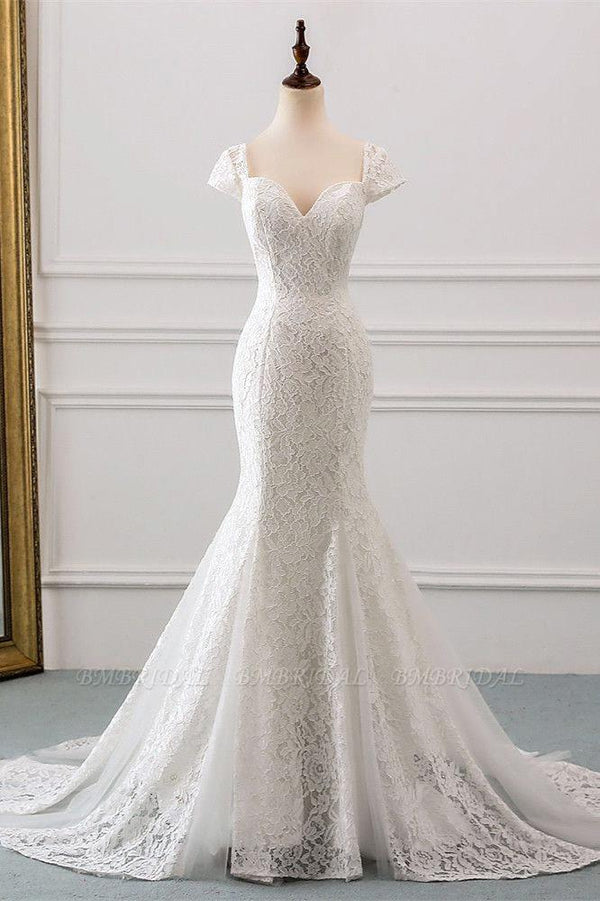 Classic Cap Sleeve Aweetheart Floral Lace Slim Mermaid Wedding Dress Lace up Wedding Party-Ballbella