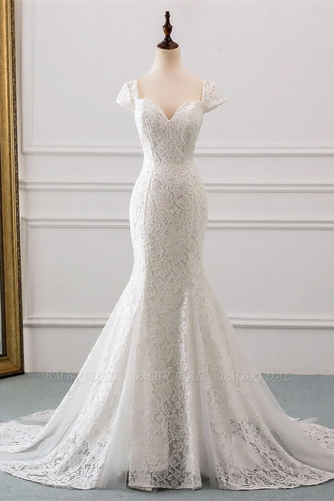 Classic Cap Sleeve Aweetheart Floral Lace Slim Mermaid Wedding Dress Lace up Wedding Party-Ballbella