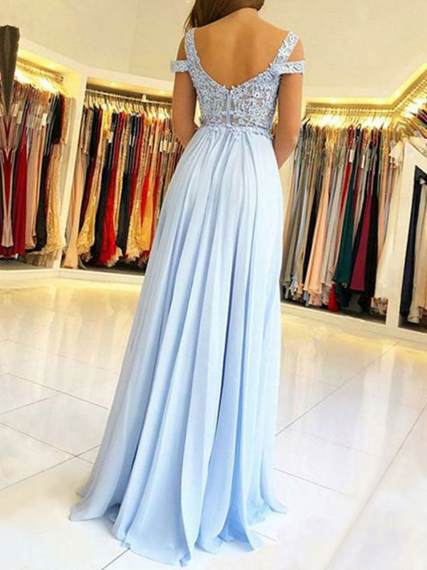 Classic Chiffon Evening Dress A Line V Neck Floor Length Split Front Party Dresses Evening Dresses-Ballbella