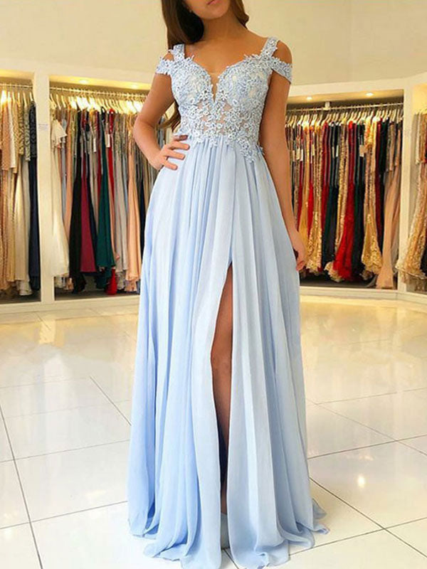 Classic Chiffon Evening Dress A Line V Neck Floor Length Split Front Party Dresses Evening Dresses-Ballbella