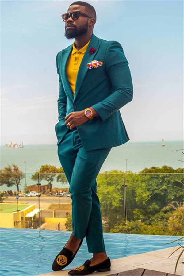 Classic Dark Green One Button Prom Outfits Two Piece Peaked Lapel Mens Suit-Ballbella