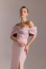 Classic Dusty Pink Off-The-Shoulder Mermaid Satin Prom Dresses Column High Split With Zipper-Ballbella
