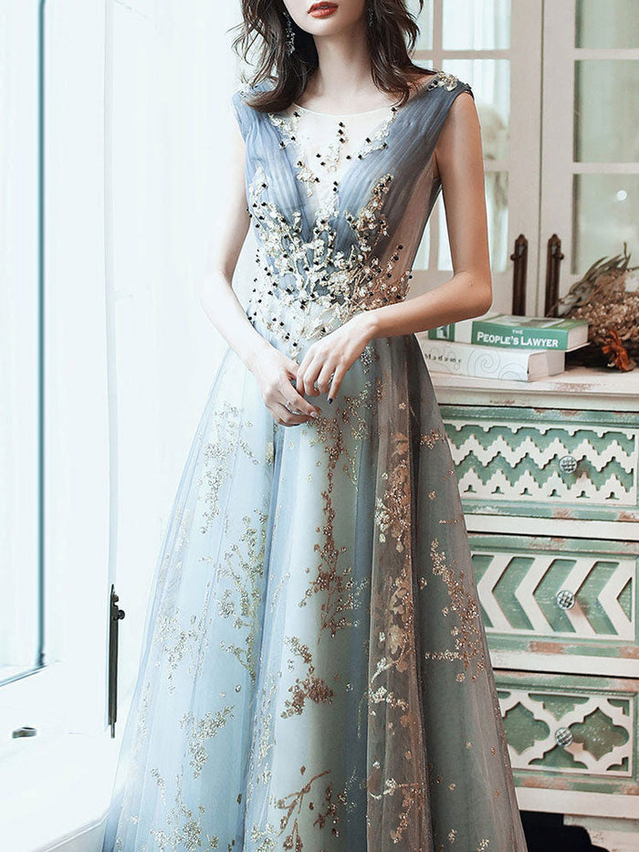 Classic Evening Dress A Line Sleeveless Floor Length Jewel Neck Lace Appliqued Formal Occasion Dresses