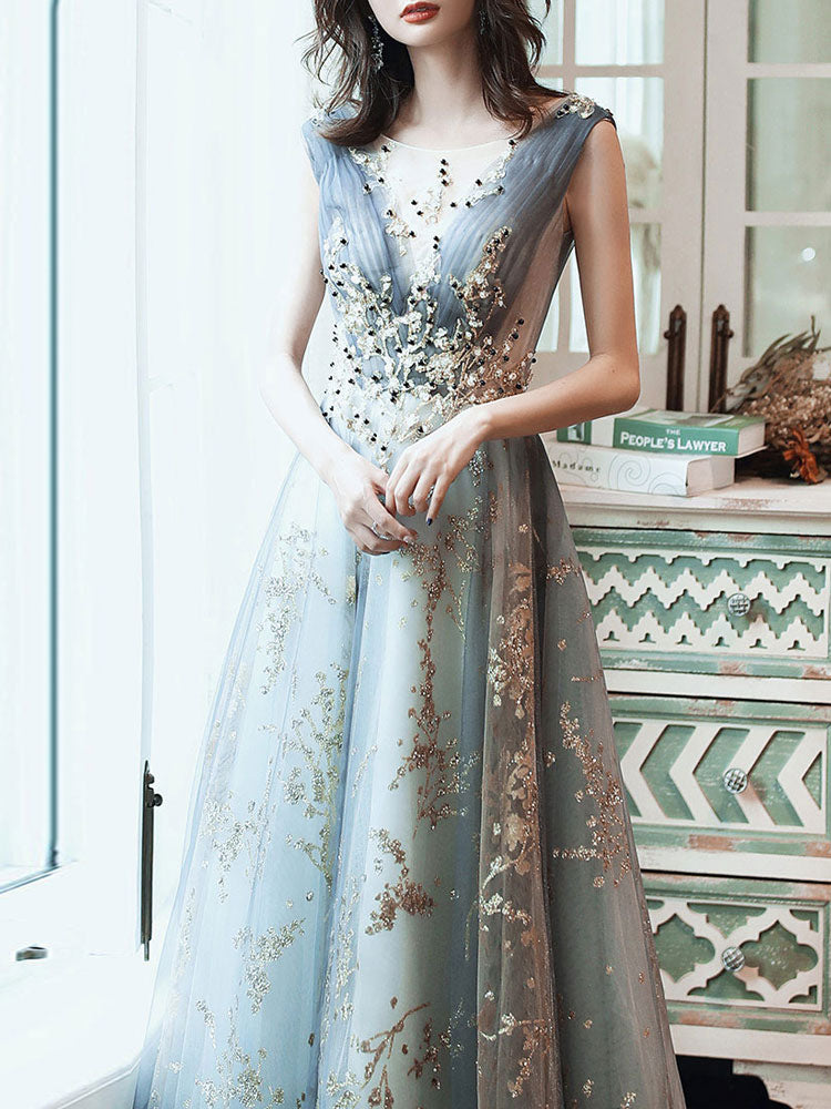 evening dress A Line Sleeveless Floor Length Jewel Neck Lace Appliqued Formal Occasion Dresses