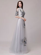 Evening Dresses Lace Applique Half Sleeve Stand Collar Formal Gowns