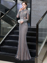 Classic Evening Dresses Mermaid Jewel Long Sleeve Floor Length Formal Dinner Dress-Ballbella