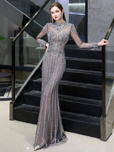 Classic Evening Dresses Mermaid Jewel Long Sleeve Floor Length Formal Dinner Dress-Ballbella