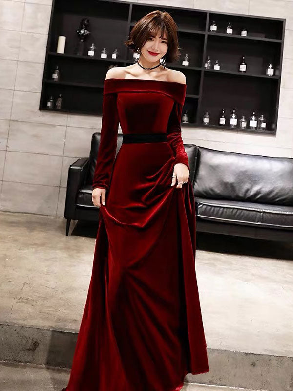 Classic Evening Dresses Velvet Long Sleeve Off Shoulder Maxi Dresses-Ballbella