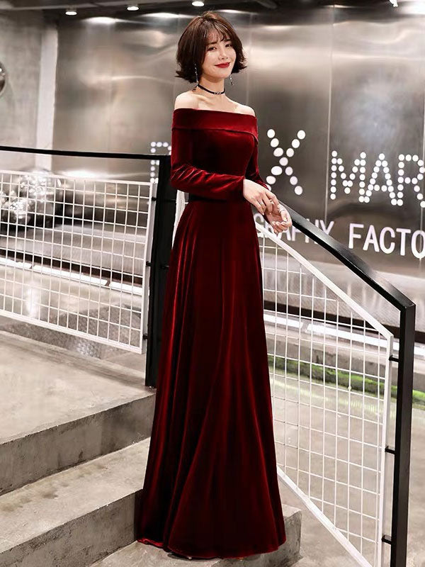 Classic Evening Dresses Velvet Long Sleeve Off Shoulder Maxi Dresses-Ballbella