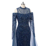 Classic High Collar Long Sleeves Mermaid Prom Dresses Sheath Gem With Beads Zipper-Ballbella
