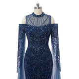Classic High Collar Long Sleeves Mermaid Prom Dresses Sheath Gem With Beads Zipper-Ballbella