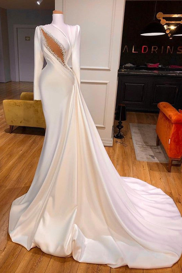 Classic High Neck Long Sleeves Mermaid Wedding Dress Ruffles With Crystals-Ballbella
