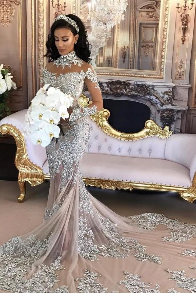 Classic High neck Long Sleevess Mermaid Wedding Dress Silver Tulle Bridal Gowns with Lace Appliques-Ballbella