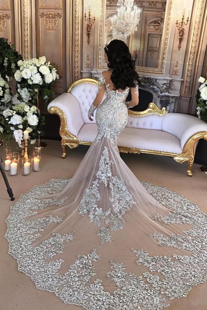 Classic High neck Long Sleevess Mermaid Wedding Dress Silver Tulle Bridal Gowns with Lace Appliques-Ballbella
