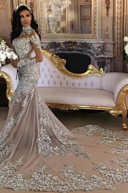 Classic High neck Long Sleevess Mermaid Wedding Dress Silver Tulle Bridal Gowns with Lace Appliques-Ballbella