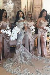 Classic High neck Long Sleevess Mermaid Wedding Dress Silver Tulle Bridal Gowns with Lace Appliques-Ballbella