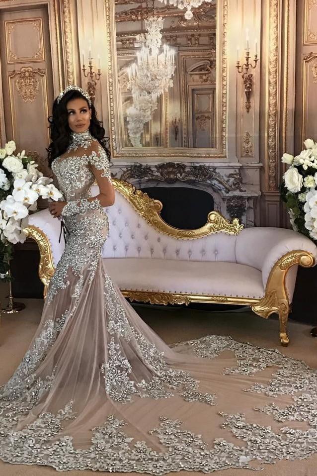 Classic High neck Long Sleevess Mermaid Wedding Dress Silver Tulle Bridal Gowns with Lace Appliques-Ballbella