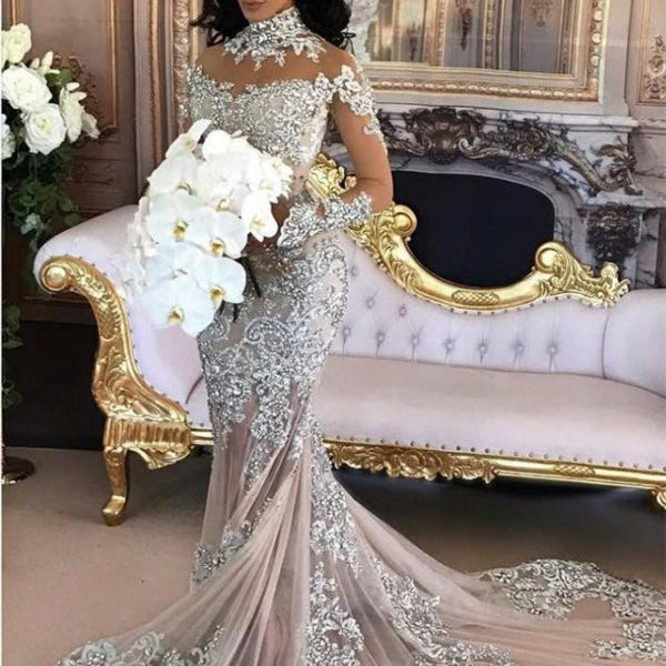 Classic High neck Long Sleevess Mermaid Wedding Dress Silver Tulle Bridal Gowns with Lace Appliques Classic High neck Long Sleevess Mermaid Wedding Dress Silver Tulle Bridal Gowns with Lace Appliques