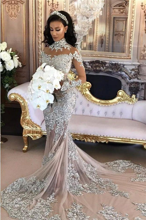 Classic High neck Long Sleevess Mermaid Wedding Dress Silver Tulle Bridal Gowns with Lace Appliques-Ballbella