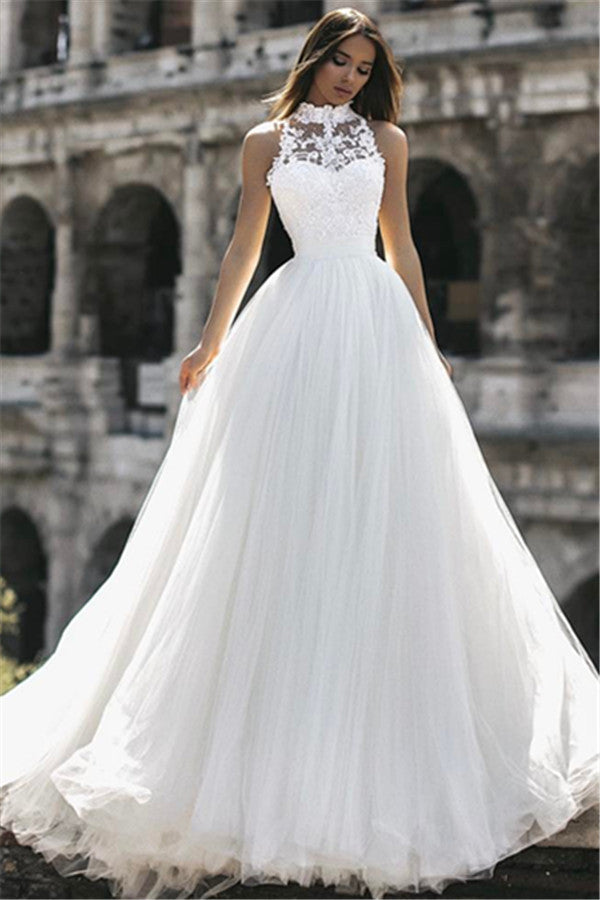 Classic High Neck Sleeveless Appliques A Line Floor Length Wedding Dresses-Ballbella