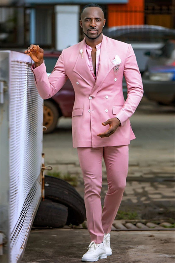 Classic Hot Pink Double Breasted Slim Fit Prom Suits Online-Ballbella