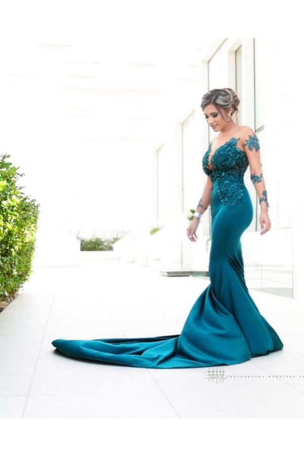 Classic Illusion neck Long Sleeves Blue Lace Appliques Prom Party Gowns with Chapel Train-Ballbella