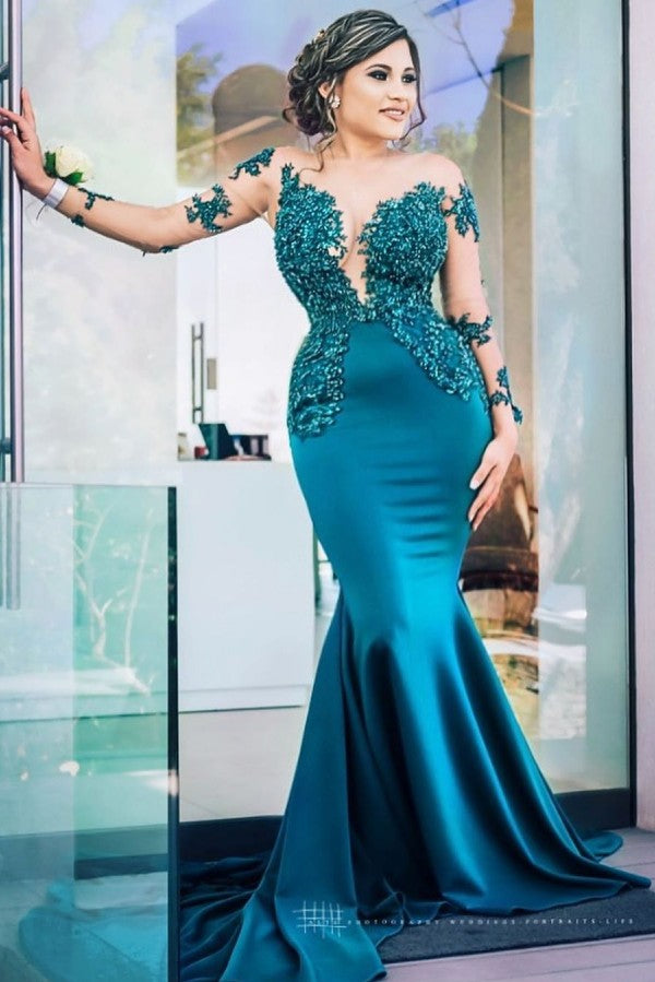 Classic Illusion neck Long Sleeves Blue Lace Appliques Prom Party Gowns with Chapel Train-Ballbella