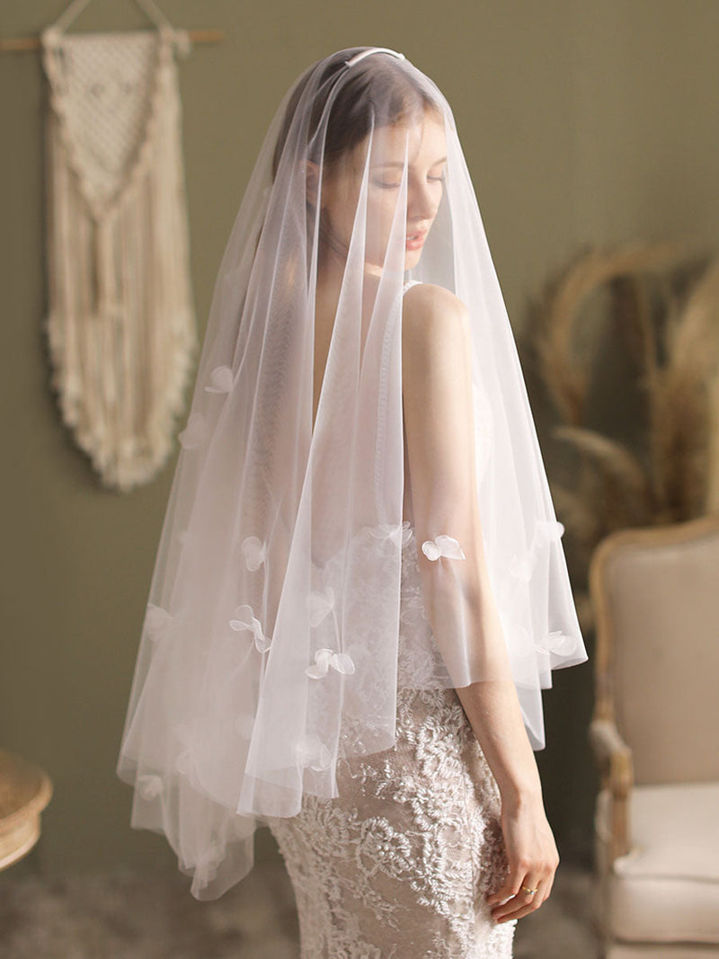 Classic Ivory Two-Tier Flowers Tulle Cut Edge Wedding Veils-Ballbella