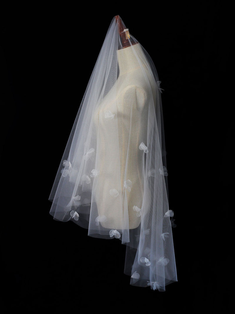 Classic Ivory Two-Tier Flowers Tulle Cut Edge Wedding Veils-Ballbella