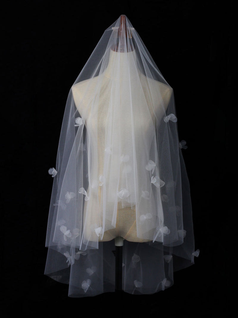 Classic Ivory Two-Tier Flowers Tulle Cut Edge Wedding Veils-Ballbella