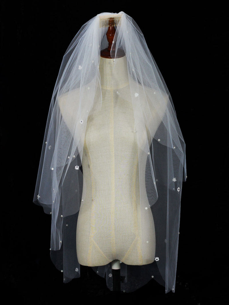 Classic Ivory Two-Tier Pearls Tulle Cut Edge Wedding Veil-Ballbella