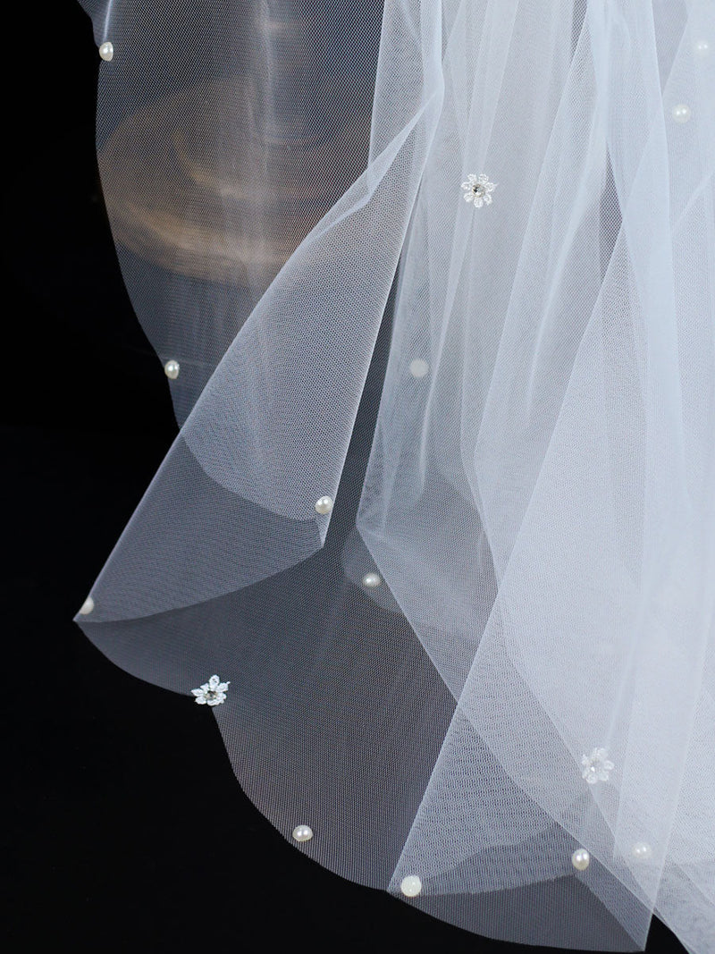 Classic Ivory Two-Tier Pearls Tulle Cut Edge Wedding Veil-Ballbella