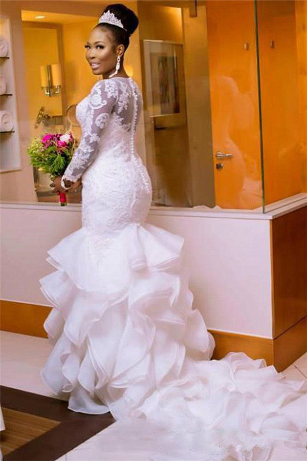 Classic Jewel Long Sleeves Tulle Lace Long Wedding Dress with Court Train-Ballbella