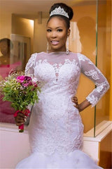 Classic Jewel Long Sleeves Tulle Lace Long Wedding Dress with Court Train-Ballbella