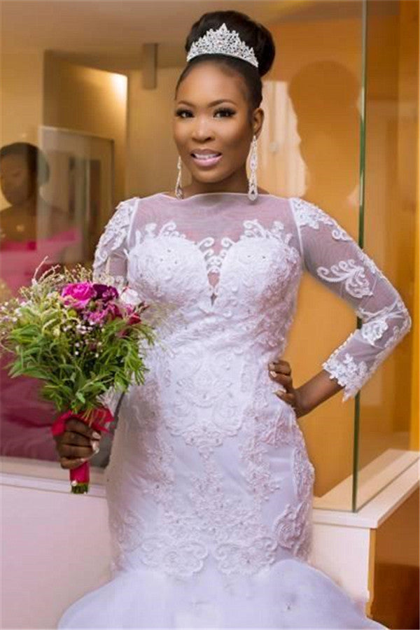 Classic Jewel Long Sleeves Tulle Lace Long Wedding Dress with Court Train-Ballbella