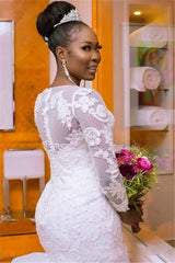 Classic Jewel Long Sleeves Tulle Lace Long Wedding Dress with Court Train-Ballbella
