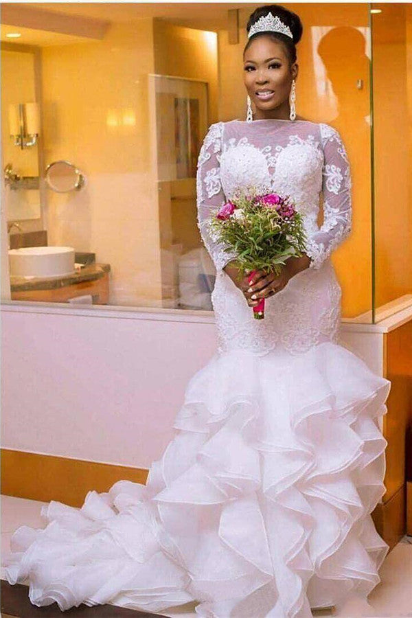 Classic Jewel Long Sleeves Tulle Lace Long Wedding Dress with Court Train-Ballbella