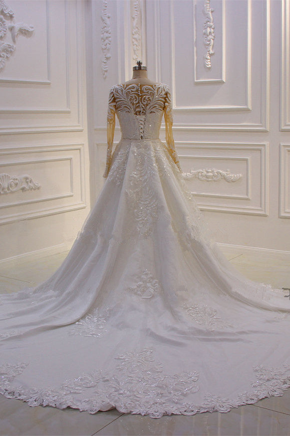 Classic Jewel Long Sleevess Tulle Lace Sparkle Ivory Wedding Dress-Ballbella