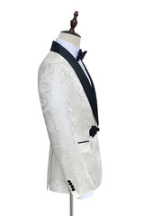 Classic Knitted Button Black Shawl Lapel Three Piece White Jacquard Wedding Tuxedo for Men-Ballbella