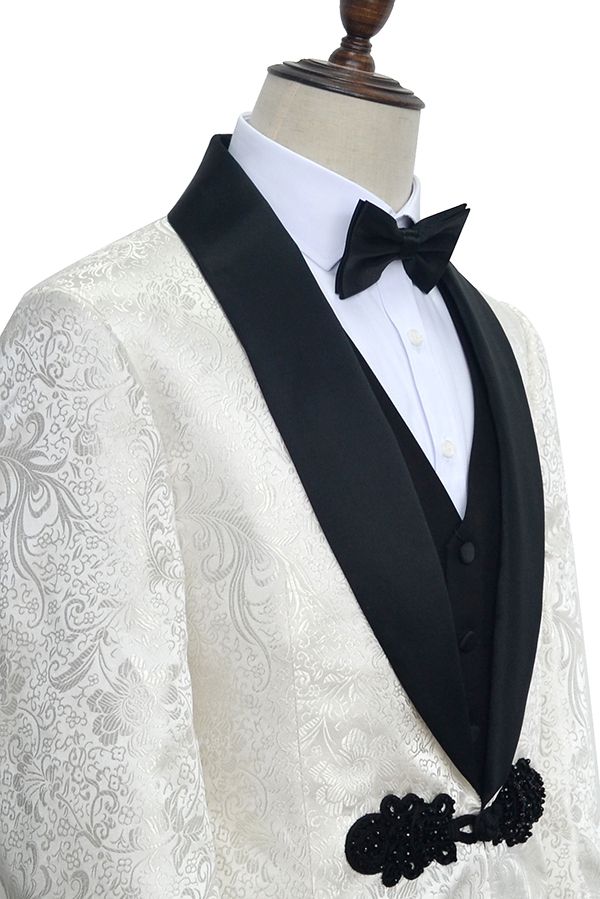Classic Knitted Button Black Shawl Lapel Three Piece White Jacquard Wedding Tuxedo for Men-Ballbella