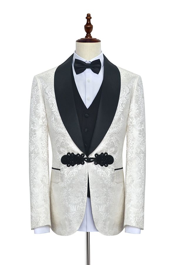 Classic Knitted Button Black Shawl Lapel Three Piece White Jacquard Wedding Tuxedo for Men