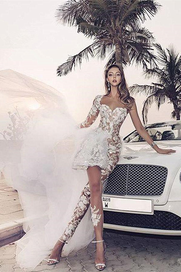 Classic Lace Jumpsuit Asymmetirc See through Overskirt White Wedding Dress Classic Lace Jumpsuit Asymmetirc See through Overskirt White Wedding Dress