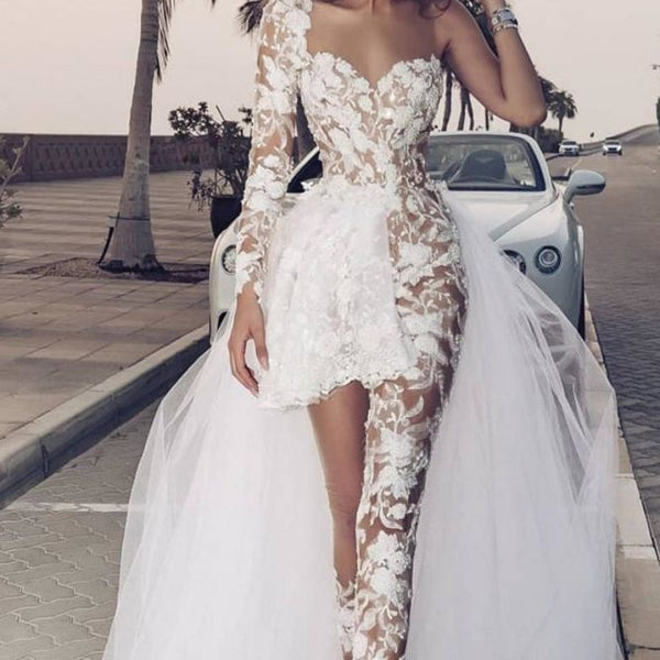 Classic Lace Jumpsuit Asymmetirc See through Overskirt White Wedding Dress