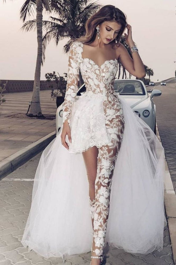 Ballbella.com supplies you Classic Lace Jumpsuit Asymmetirc See-through Overskirt White Wedding Dress online at an affordable price from Lace to Column Ankle-length skirts. Shop for Amazing Long Sleeves wedding collections for your big day.